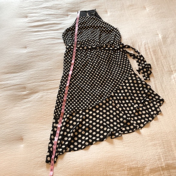 Express Black & White Polka Dot Cocktail Dress with Asymmetrical Ruffled Hemline - Picture 4 of 12